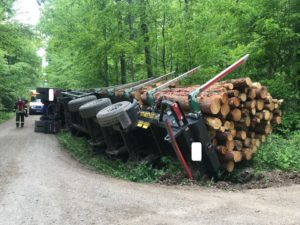 Umgestürzter Holztransporter